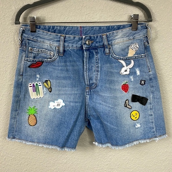 Mauro Grifoni Patched Denim Cut Off Shorts High Rise Italy Button Fly Sz 28 - Picture 1 of 12